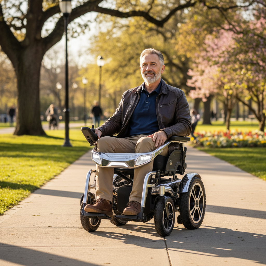 Veteran using premium power wheelchair outdoors