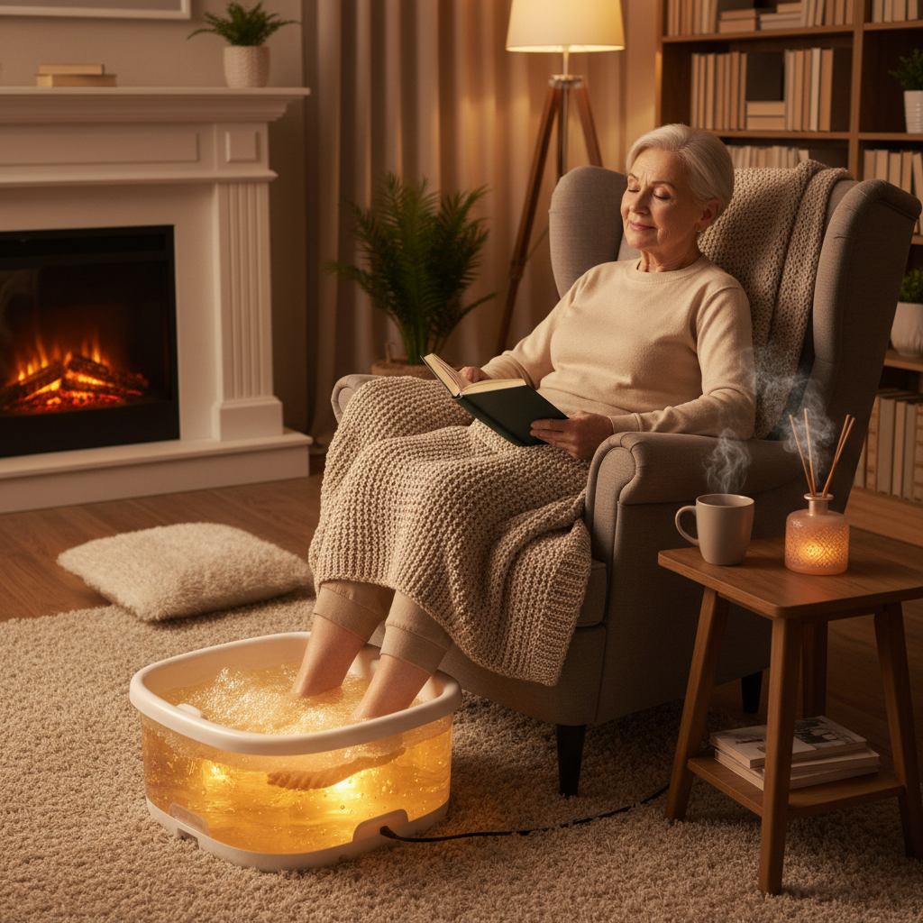 Elderly person using hydrotherapy foot spa at home