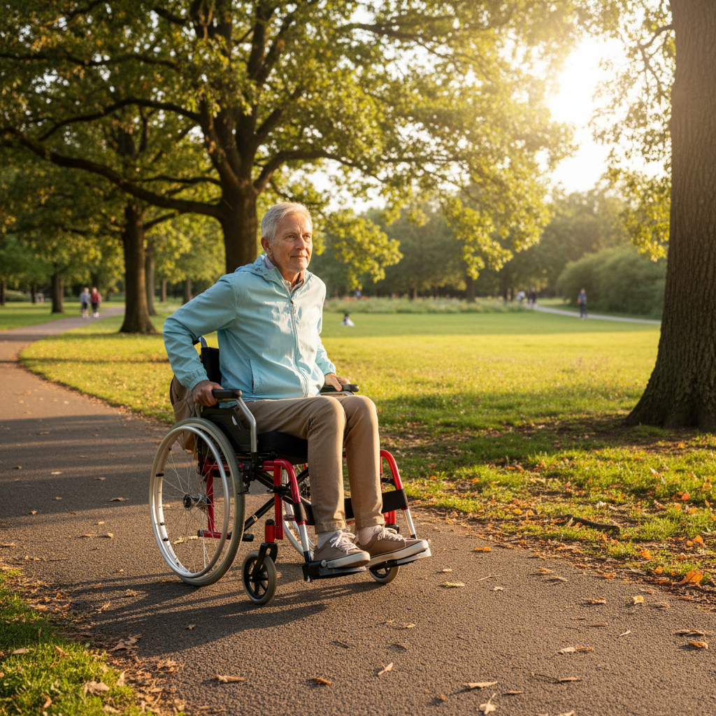 Senior self-propelling wheelchair outdoors