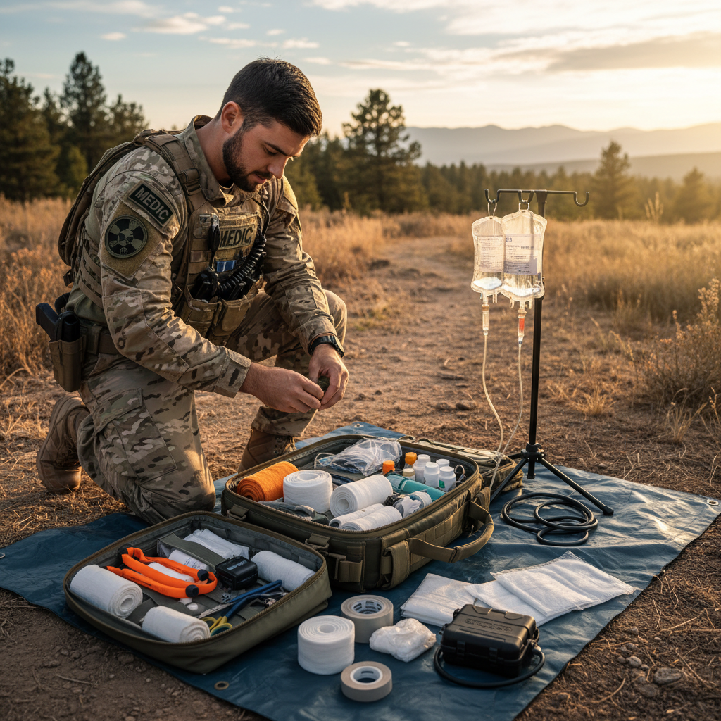 First responder using trauma kit in emergency