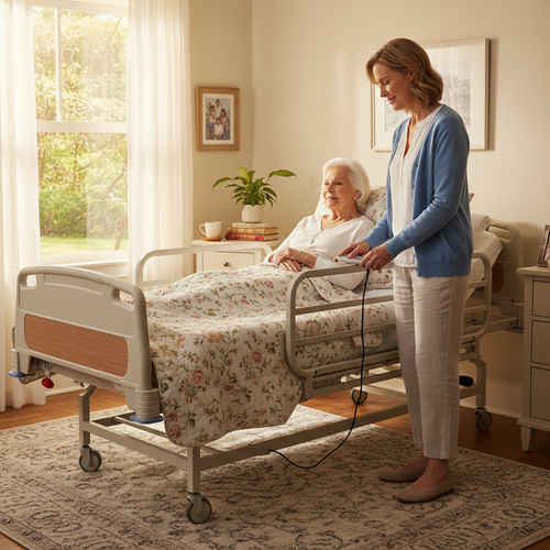 Caregiver adjusting electric hospital bed for elderly patient