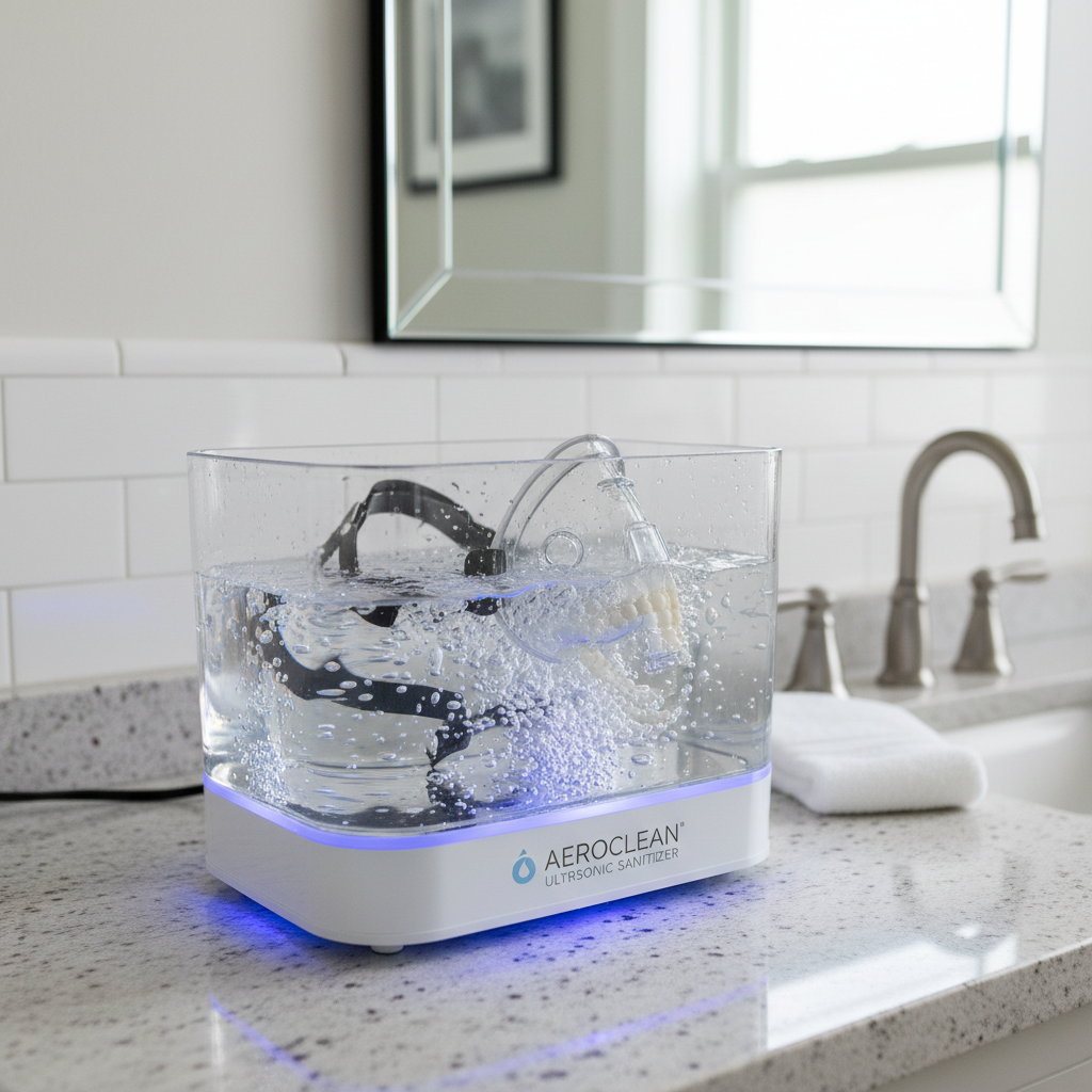 Ultrasonic Cleaner in use with CPAP mask and retainer
